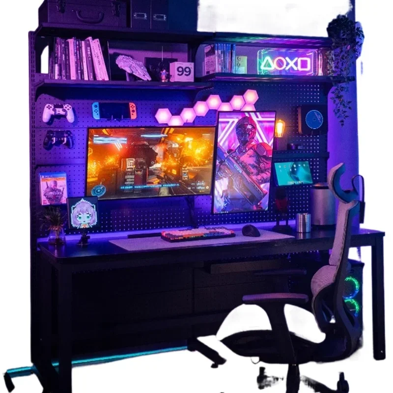 

E-sports table, electric lifting table, hole board desktop computer table, bookshelf e-sports room table
