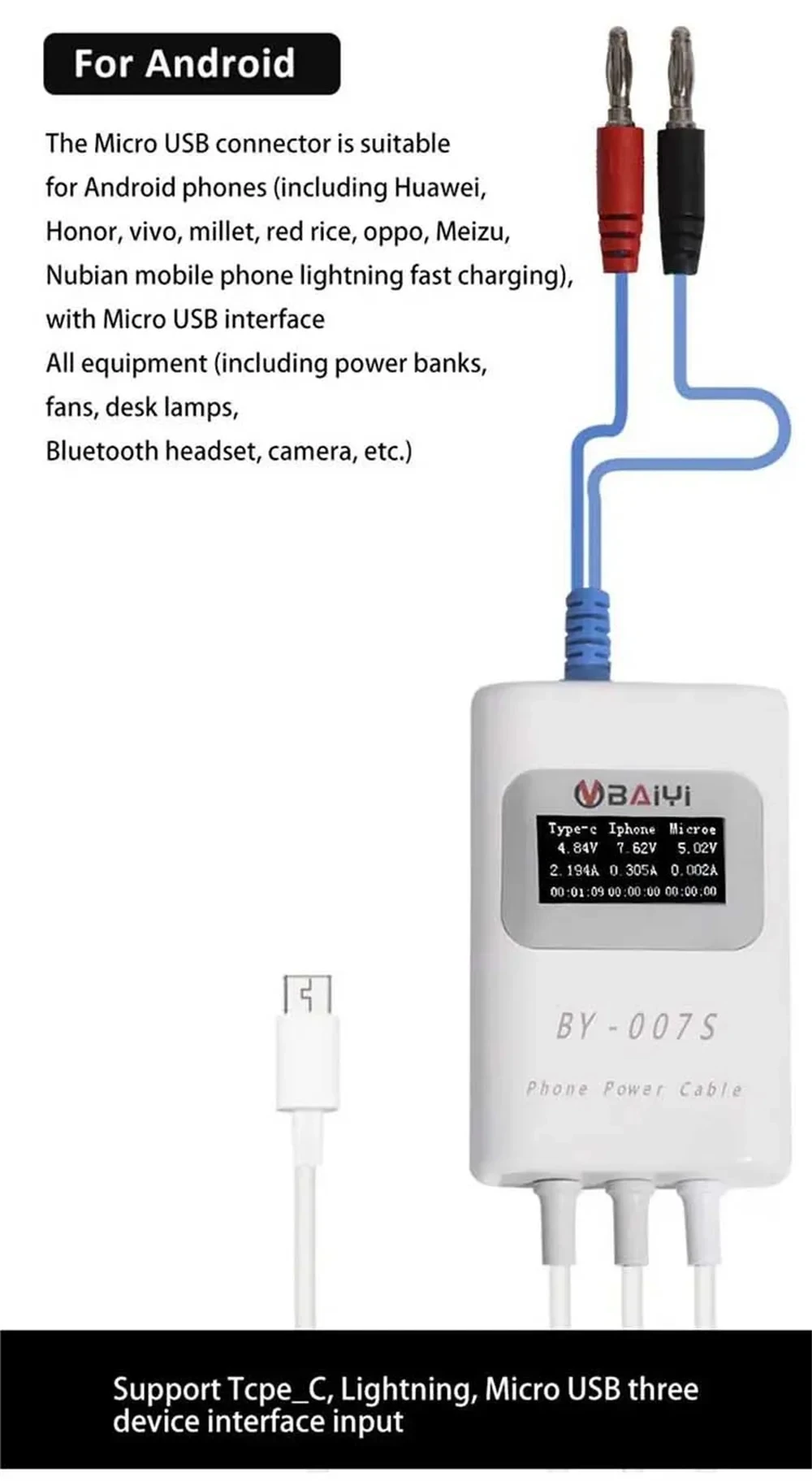 BY-007S Slimme oplaaddetectiekabel Snel opladen Protocollen Snel detecteren Type_C Lightning Micro USB Interface voor drie apparaten