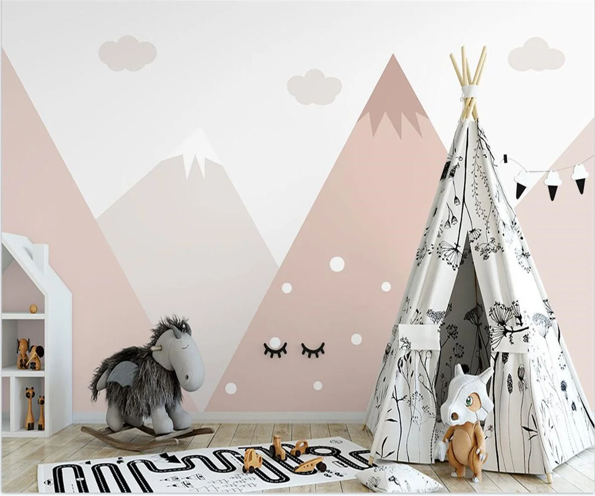 

Cartoon wallpaper Nordic hand-painted pink geometric mountain peaks children's room wallpaper children's background wall mural