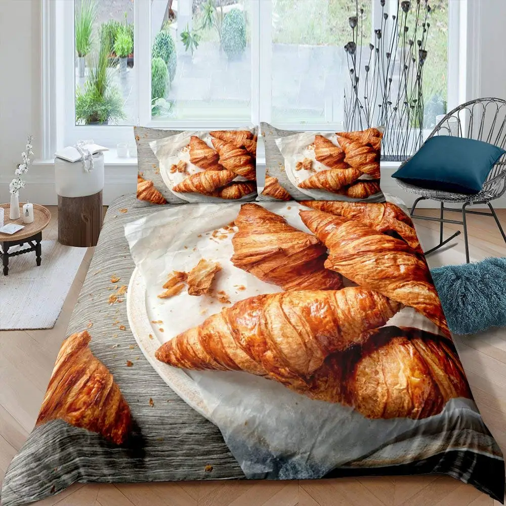 Bread Pattern Bedding Set 3pcs Freshly Baked Croissants on Wooden Table Comforter Cover 3D Food Theme Microfiber Duvet Cover Set