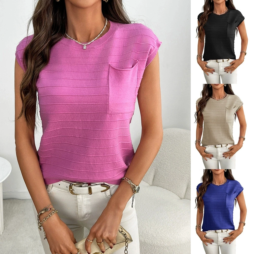 

Women's pullover short sleeved round neck striped elegant and fashionable versatile knitted pocket sweater tops
