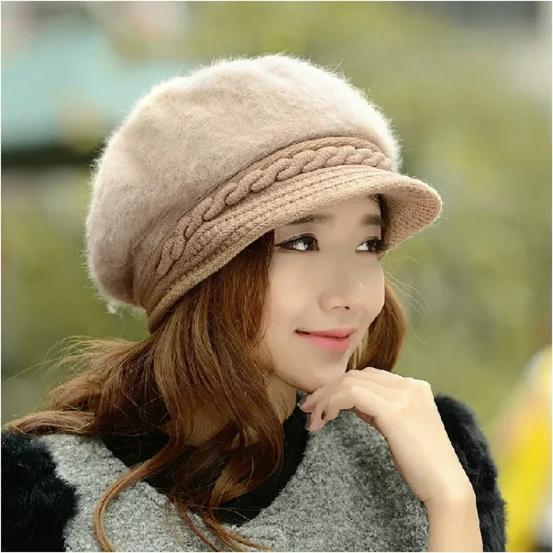 New Women Beret Hats Fashion Winter Warm Rabbit Fur Knitted Beanie Ladies Female Casual Fleece Berets Cap bonnet hiver femme