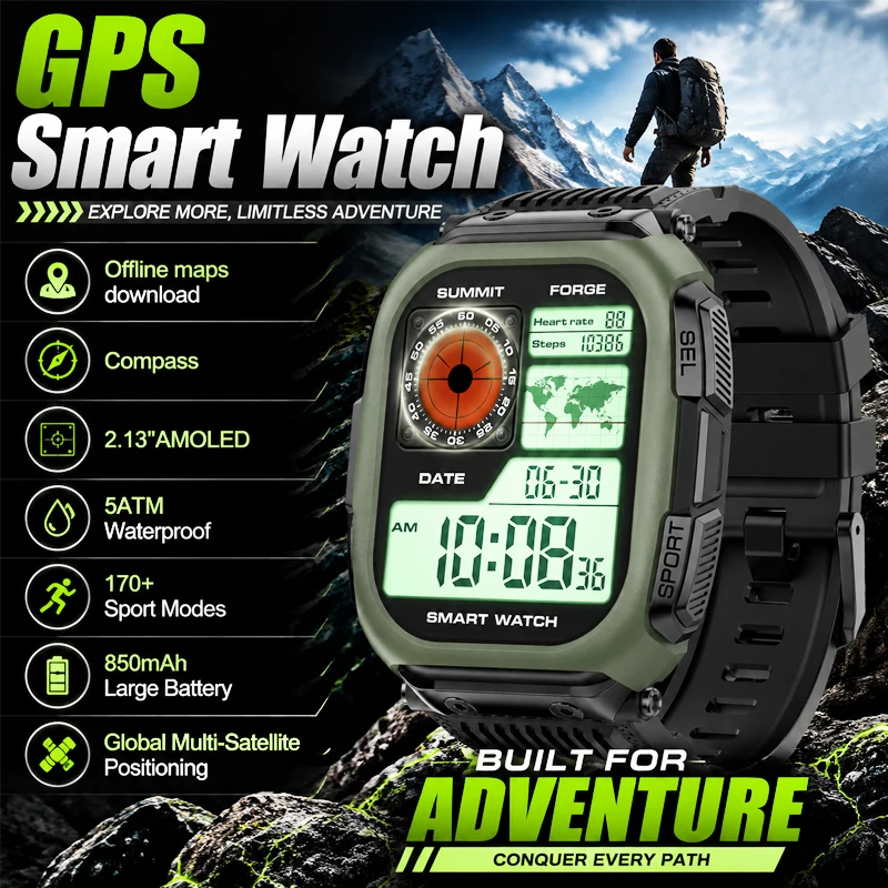 Rugged Military Smart Watch Men Offline Maps Outdoor Sports 5ATM Waterproof BT Call Fitness Tracker Heart Rate 850mAh Smartwatch