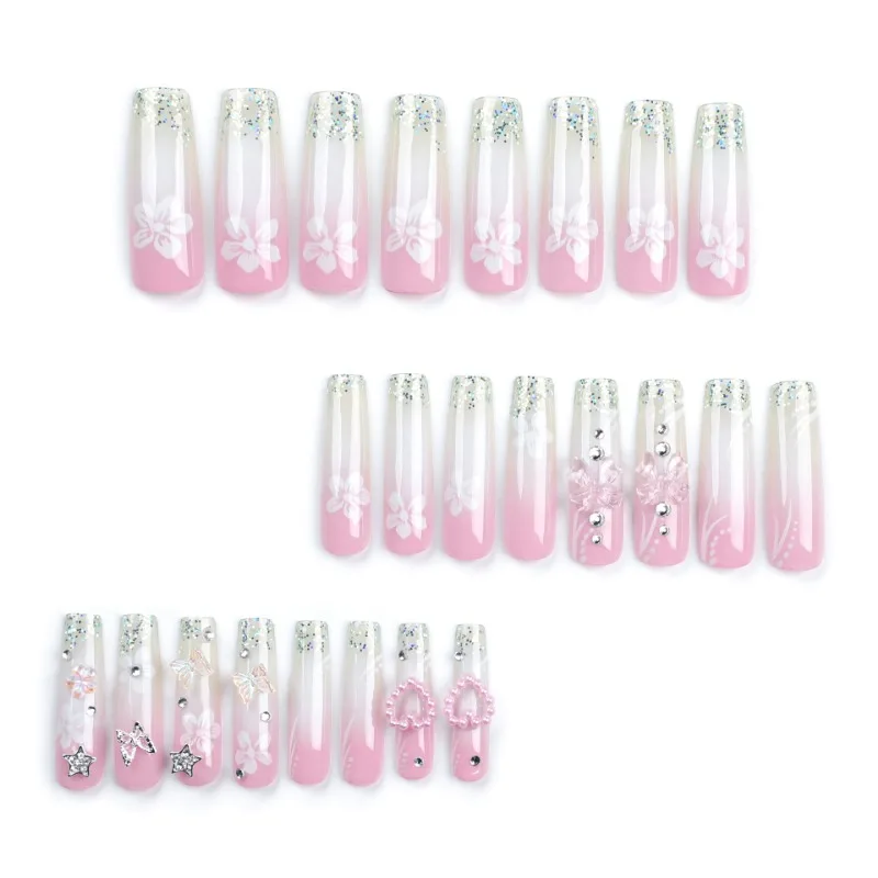 Prego longo balé falso com arco de pérola e design de flores, pressione as unhas, conjunto de unhas quadradas rosa, unhas falsas francesas brancas, 24pcs