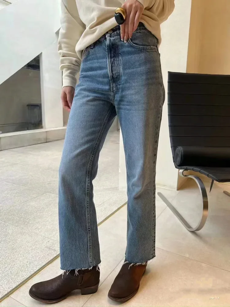 Женские прямые джинсы на молнии с завышенной талией, простые Универсальные джинсовые брюки до щиколотки с бахромой и отделкой, весна-лето 2024
