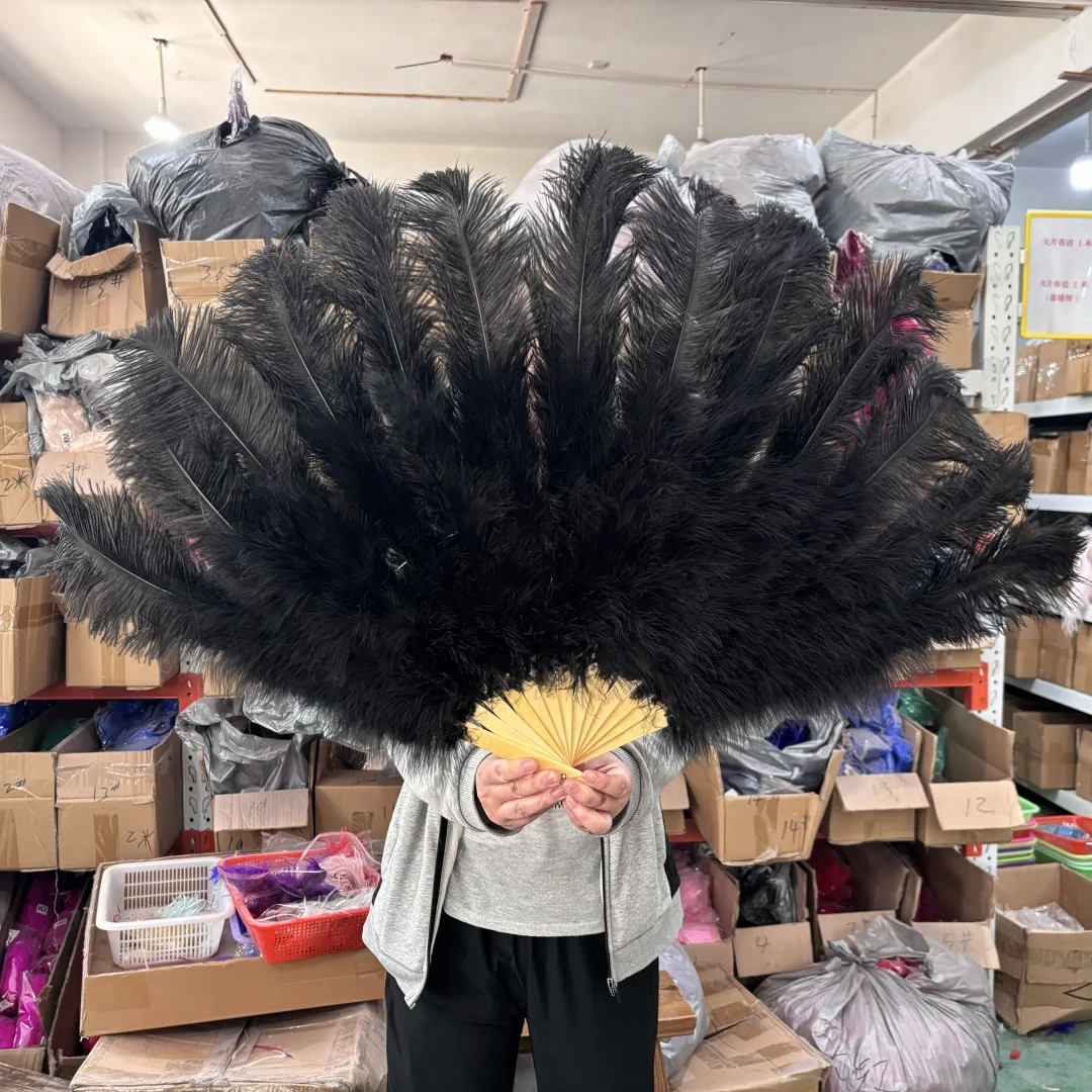 

Vintage Black Folding Ostrich Feather Fan for Wedding Stage Party Home Centerpiece Dance Performances Decor Fluffy Marabou Fans