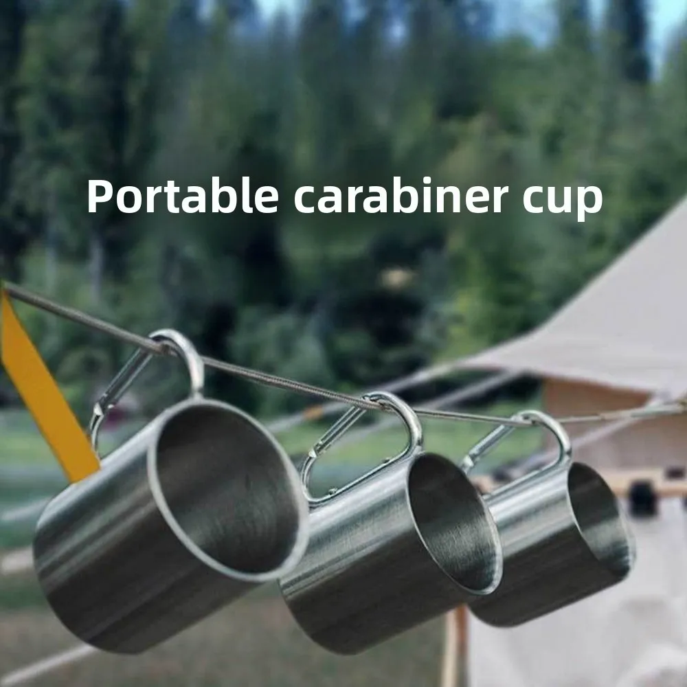 300ml Stainless Steel Camping Cup Portable Travel Mug with Carabiner Clip for Hiking Backpacking Outdoor Drinkware Coffee Cup