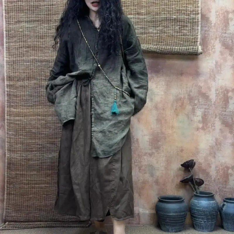 الربيع الصيف الفنون نمط المرأة واحدة الصدر فضفاضة منتصف طول بلوزة خمر التعادل صبغ الكتان س الرقبة قمصان غير رسمية نوعية جيدة #6