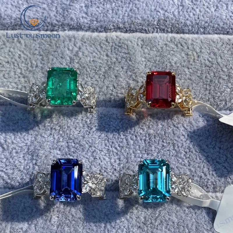 

Lab Grown Columbia Color Stone Emerald Cut S925 Silver Rings Gift for Women Female Jewelry Ring Vintage Red Ruby Sapphire Blue