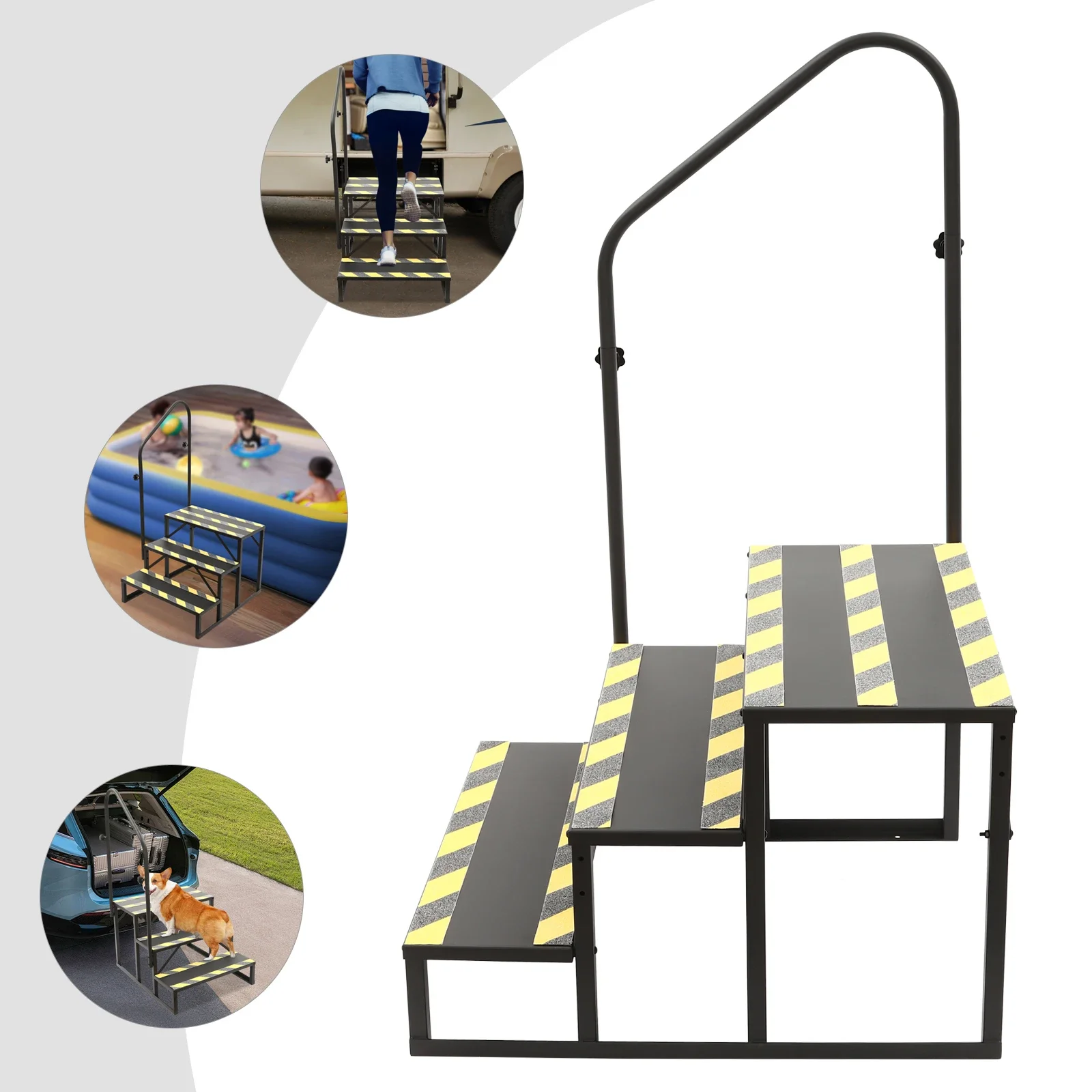 3 Steps Portable Step Stool Home Decor for Travel Trailer 450lbs Porch Steps with Handrails and Reflective Strips Black