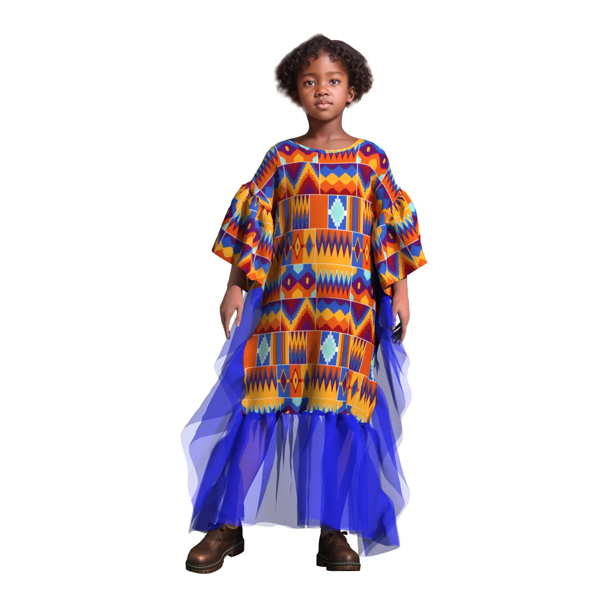 

African Clothes for Kids Girls Bazin Riche Dashiki Tulle Dress Fashion Cute Party Dresses Girls African Print Clothing WYT839