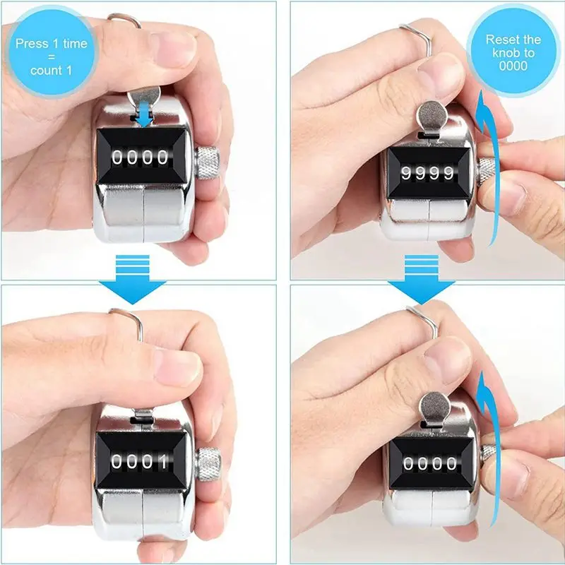GTBL 2 Pack Metal Hand Counter Four-Digit Counter With Lanyard Silver Counter Click Counter Handheld Click Counter