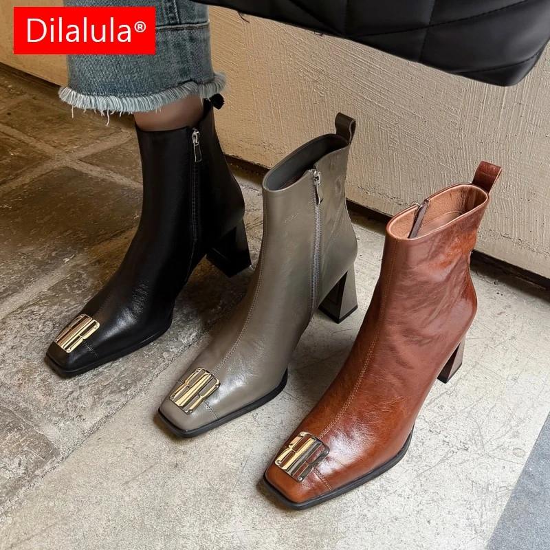 

Dilalula 2026 News Natural Leather women's Ankle Boots Female Elegant Square Toe Metal Dec High Heels Daily Short Boots Autumn