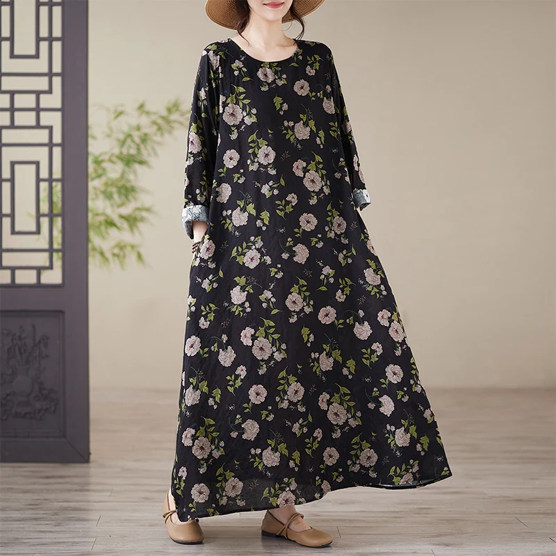 

Anti-Aging Cotton Linen Print Loose Long Sleeve round Neck plus Size Dress for Women Spring Autumn Holiday Casual Comfortable