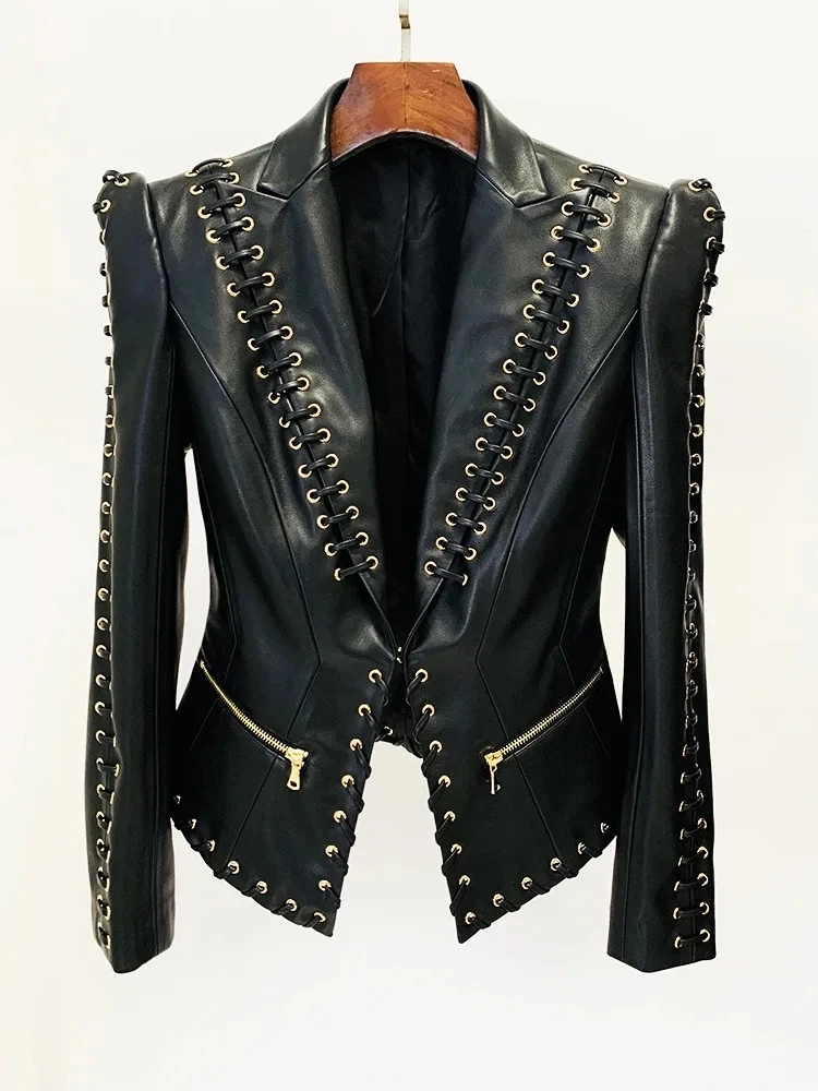 

Lautaro Spring Autumn Short Black Fitted Pu Leather Blazer Jacket Women Long Sleeve Elegant Luxury Designer Lace Up Clothes