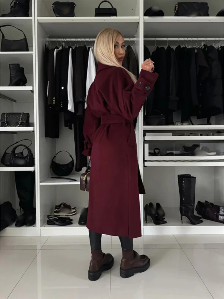 Elegant Wine Red Lapel Women\'s Overcoat With Belt 2024 Fashion Full Sleeves Side Split Long Coat Fall Winter Lady Chic Outerwear