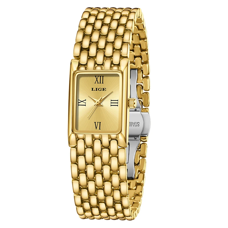 LIGE Gold Watch for Women Square Ladies Quartz Wristwatches Stainless Steel Women Small Gold Watch Luxury Casual Fashion Watch