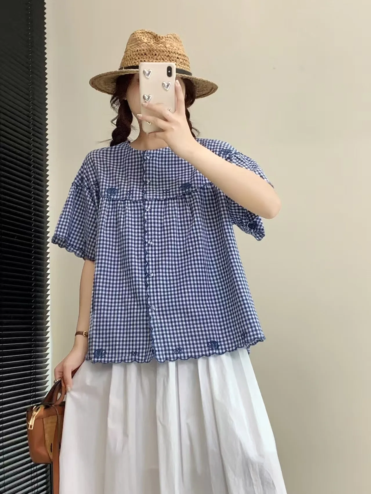 Japanese Mori Girl Style Round Neck Short Sleeve Embroidery Single-breasted Loose Sweet Versatile Plaid Shirts Tops Women Summer