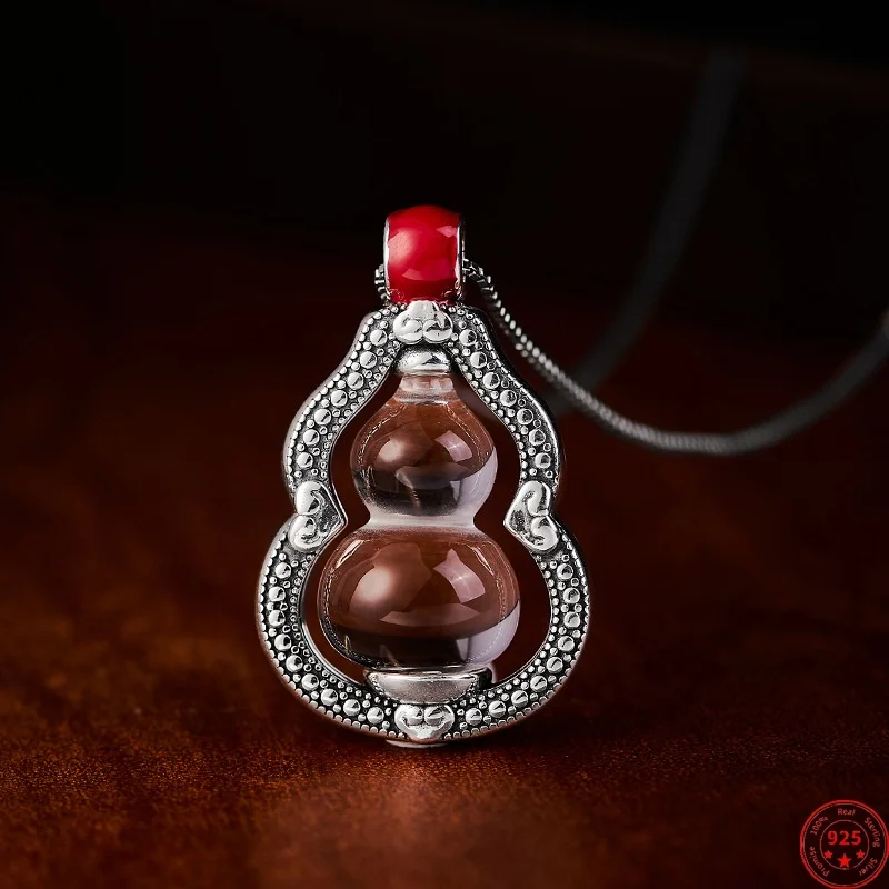 

S925 Sterling Silver Pendant for Women Men Hollow Gourd Inlay Rock Crystal Charm Fashion Trendy Jewelry Wholesale