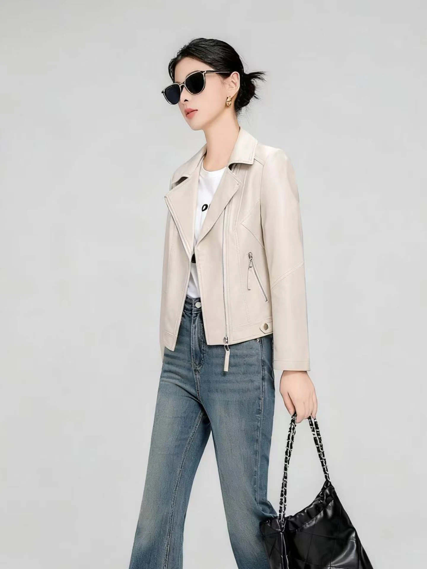 

Женская кожаная куртка Ning из натуральной овчины, укороченная, приталенная, весенне-осенняя, новая, маленького размера, для похудения, в мотоциклетном стиле