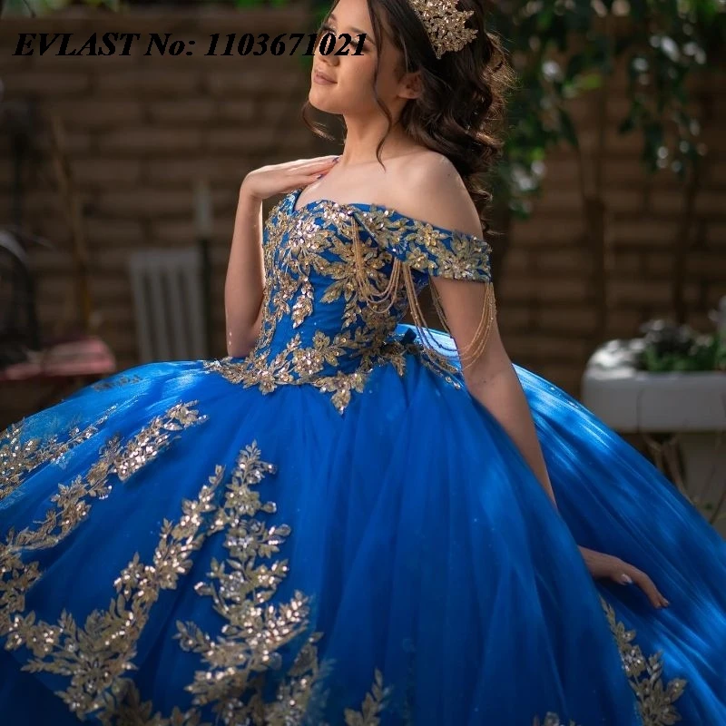 EVLAST-Robe de RhQuinceanera bleu royal personnalisée, appliques en dentelle dorée, perles à plusieurs niveaux, Sweet 16, robe éducative, 15 Anos, SQ94