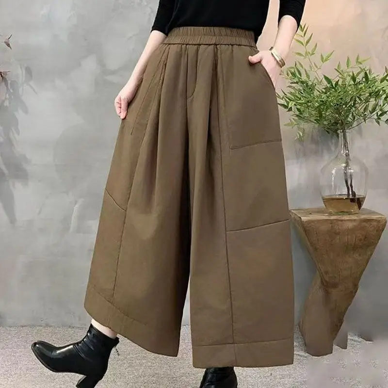 

Fashion elastic waist design sense splicing wide-leg pants women's 2025 autumn and winter large size loose and thin casual pants