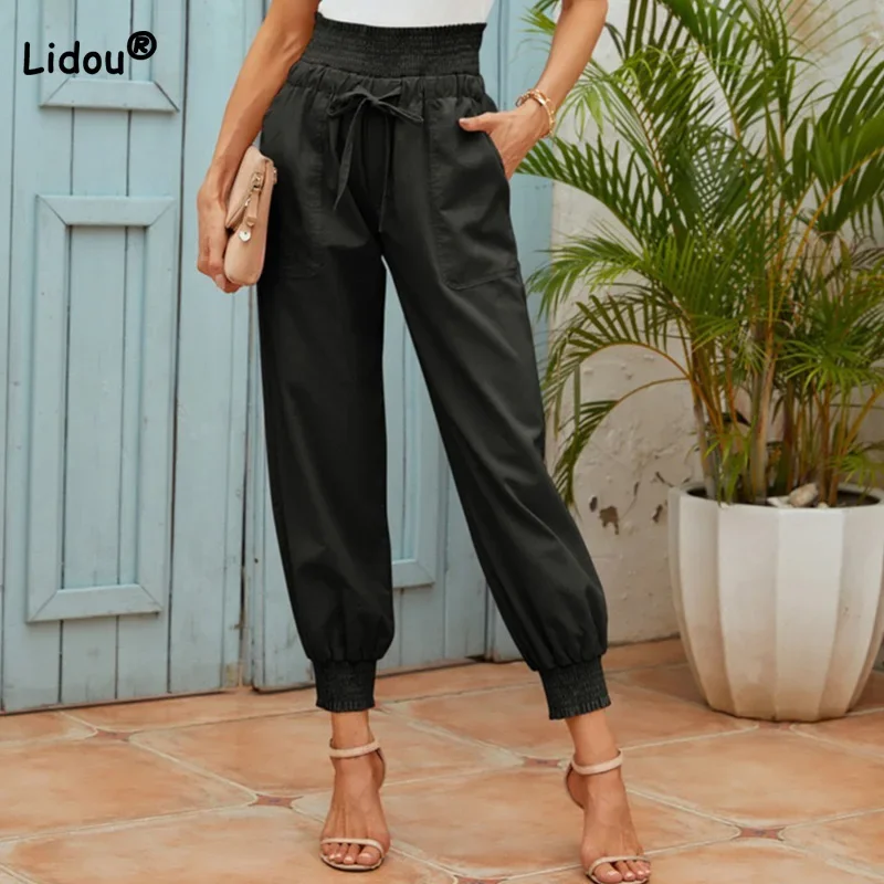 Pantalones pitillo de cintura alta de lino y algodón para mujer, ropa informal con bolsillos, pantalones lisos con cordón, holgados, primavera y verano