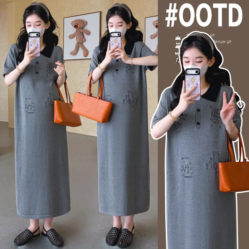 

Летнее платье для беременных с коротким рукавом, воротником поло, милой мультяшной вышивкой, макси-платье 2026, мягкое, свободное, удобное, дышащее