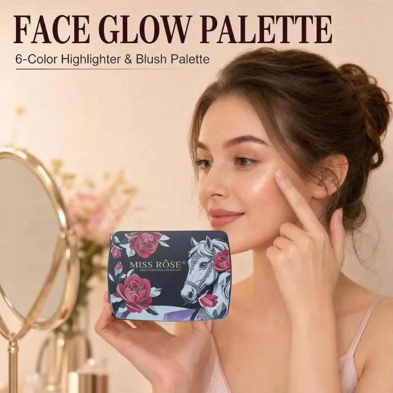 6-Color Glow Face Makeup Palette with Integrated Mirror 3in1 (Blush+Highlighter&Bronzer) Highlight Contour Makeup Rouge Palette