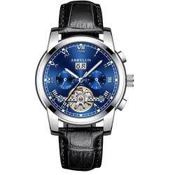 Abbylun 141 Original Men's Watch Business Luxury Skeleton Automatic Mechanical Watch Leather Strap Waterproof Date Wristwatch