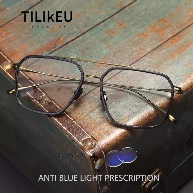 

Ultra-light Double Beam Pure Titanium Anti Blue Light Glasses Pilot Large Frame Retro Men Designer Prescription Eyeglasses Frame