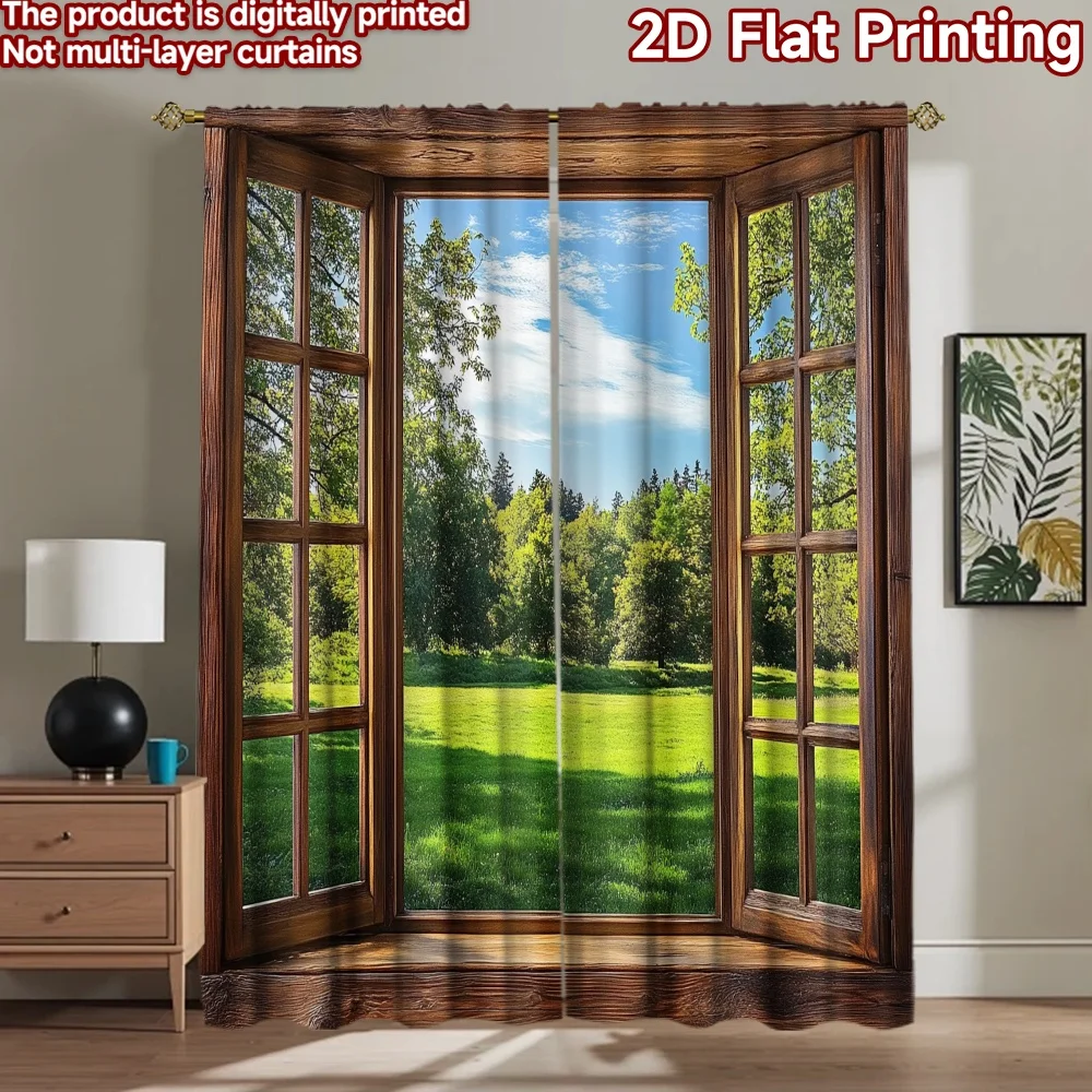 2D flat 2pcs Curtain Vintage drapes and curtains Sunny Meadow View Digitally printed polyester Party & Holiday Decor Use for