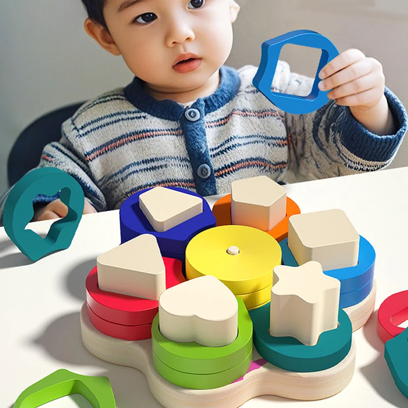 Kid Montessori Toys Colorful Wooden Flower Shape Stacking Toys Children Early Educational Wood Blocks Geometry Puzzle Game Toy