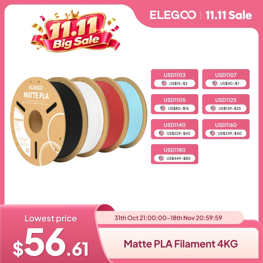 ELEGOO 4KG PLA Matte Filament 1.75mm 3D Printing Material Matte Pdorless for FDM Printer Fast Printing 70mm/s No Stringing For DIY Study