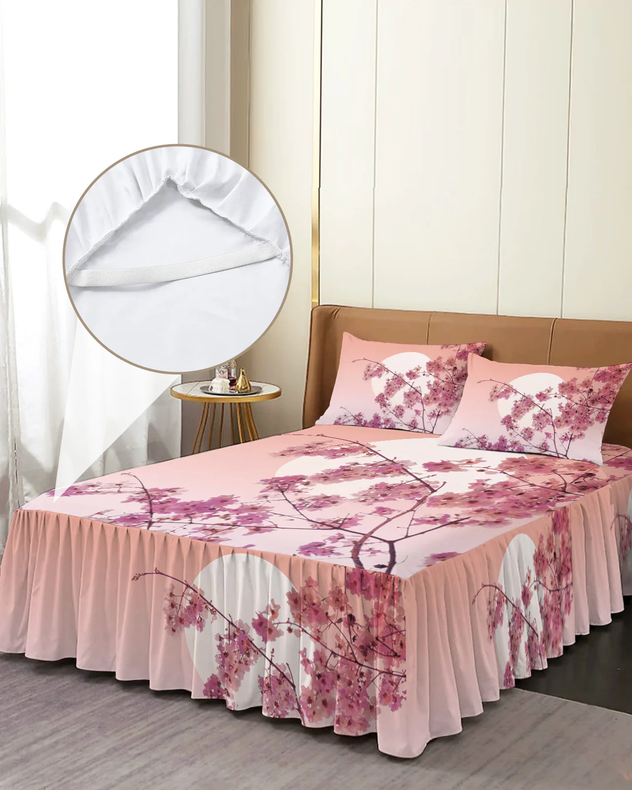 Japanese Sakura Cherry Blossoms Flower Bed Skirt Elastic Fitted Bedspread With Pillowcases Mattress Cover Bedding Set Bed Sheet