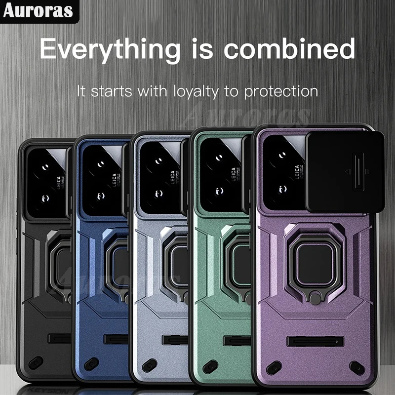 

Auroras For Xiaomi 14 Pro Cover With Holder Ring Slide Lens Plush Window Shockproof Hard Shell For Mi 14 Phone Case