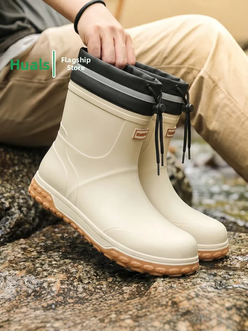 Men's Mid-Calf Rain Boots Autumn Waterproof Non-Slip Outdoor Fishing Hunting Sea Water Shoes Wear-Resistant Slip-On Rubber Shoes