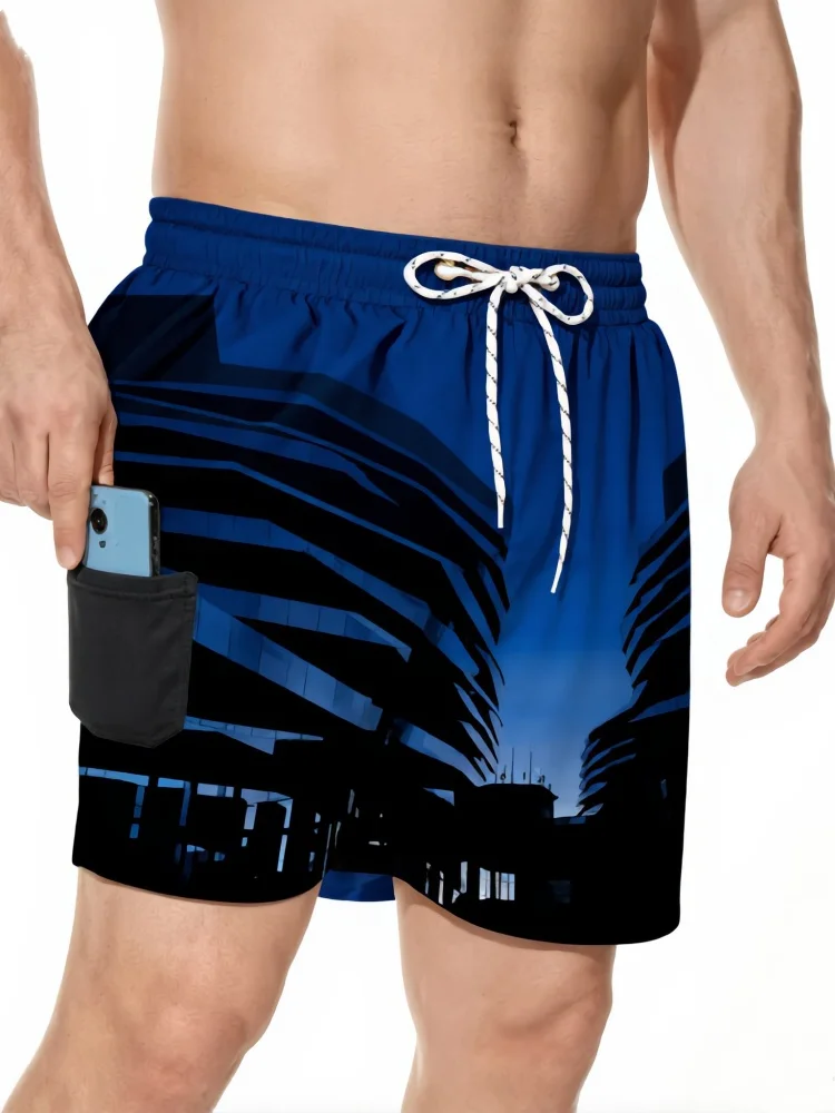 

Mens Summer Board Shorts Abstract Silhouette Print Navy Blue Loose Fit Beach Holiday Shorts