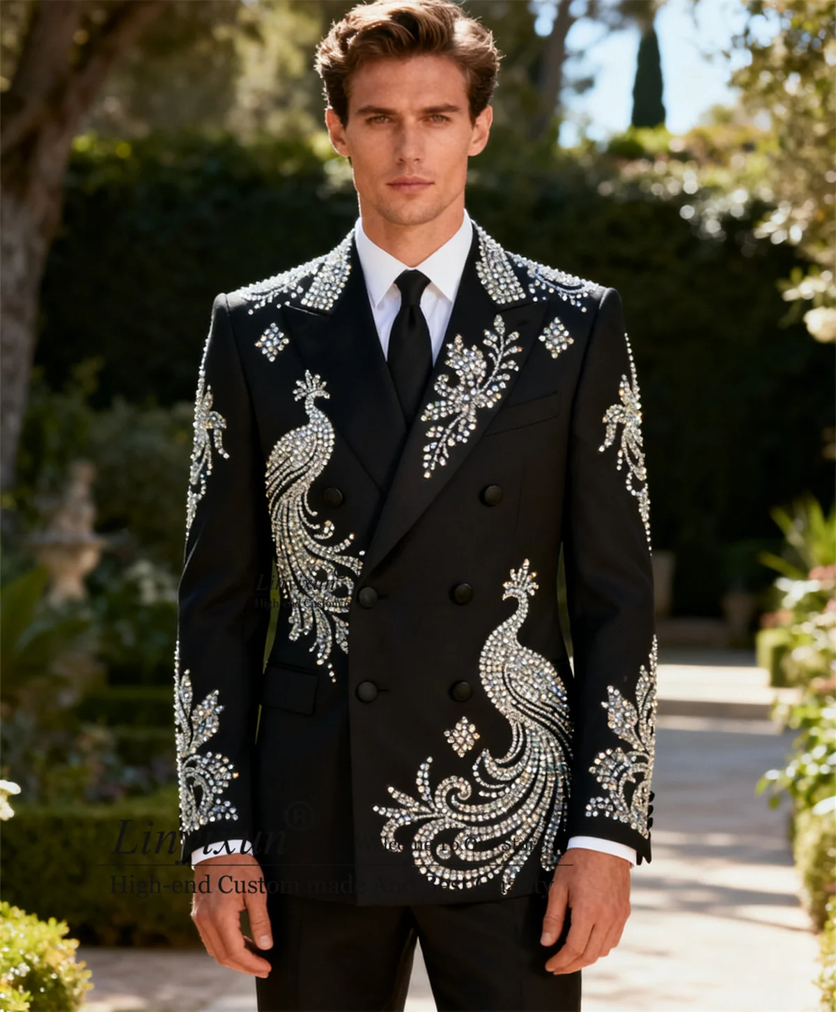 

Elegant Metallic Jewelry Ornament Tuxedo Men Suits 2 Piece Wedding Groom Male Prom Blazer Customized Slim Party Ternos Completo