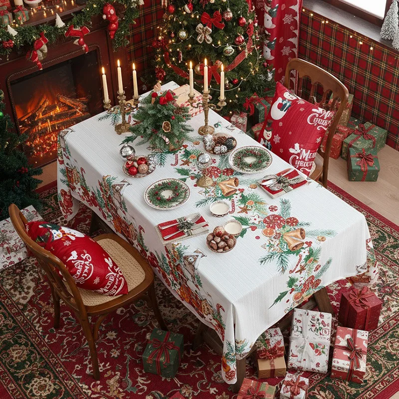 American Style Christmas Theme Tablecloth Holiday Decorative Dining Table Cover Bell Patterned Table Flag White Background