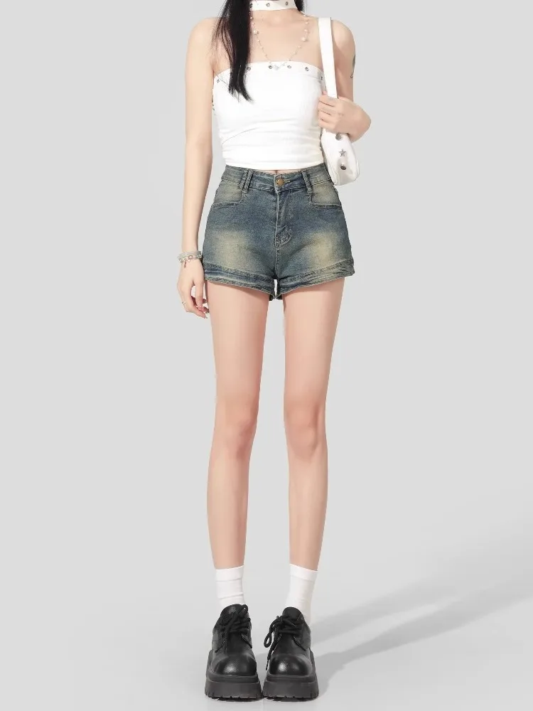 

Retro American High Waist Slim Fit Denim Shorts Women's Summer Hot Pants A-Line Elasticity Jeans High Waist Tight Cotton Poly...