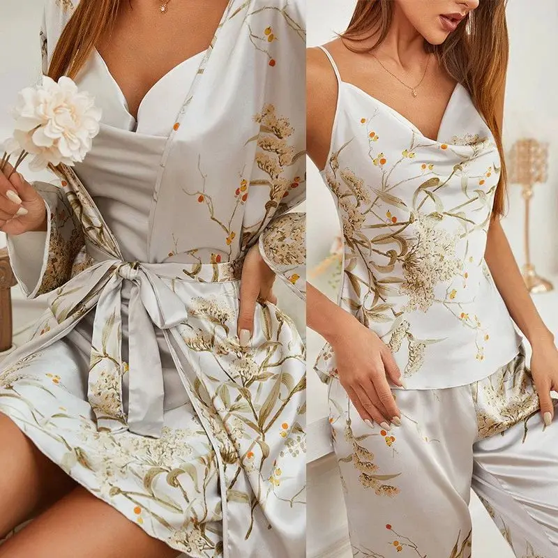 Four Piece Printed Little Cherry Pajamas Set Women's Spwear Comfortable Polyester Fabric Faionable Ladies' Ensemble