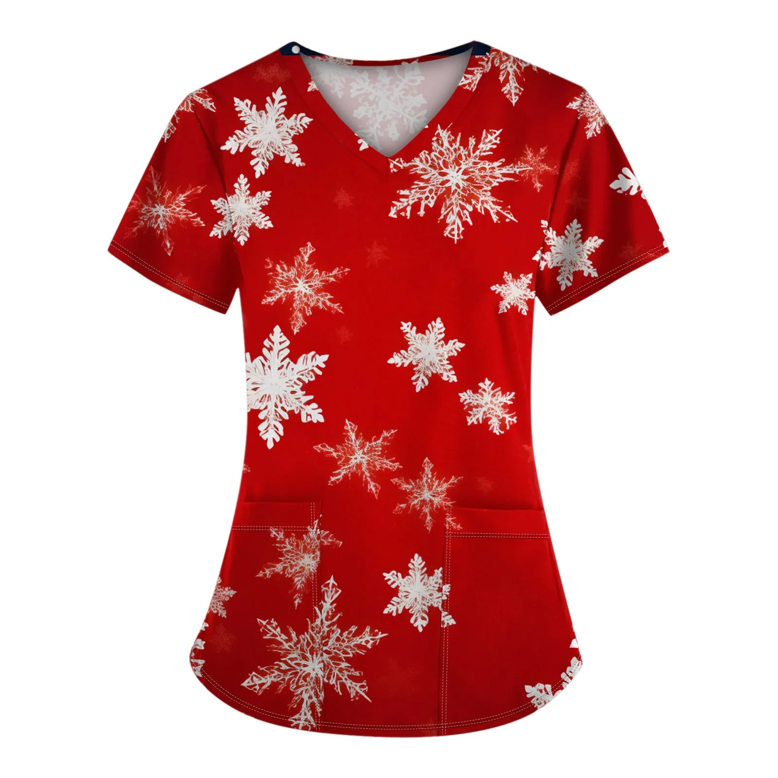 زي نسائي مطبوع عليه عيد الميلاد ، زي موحد للعمل ، جيب برقبة على شكل حرف V ، توبات واقية ، مقاس كبير ، مقاس كبير