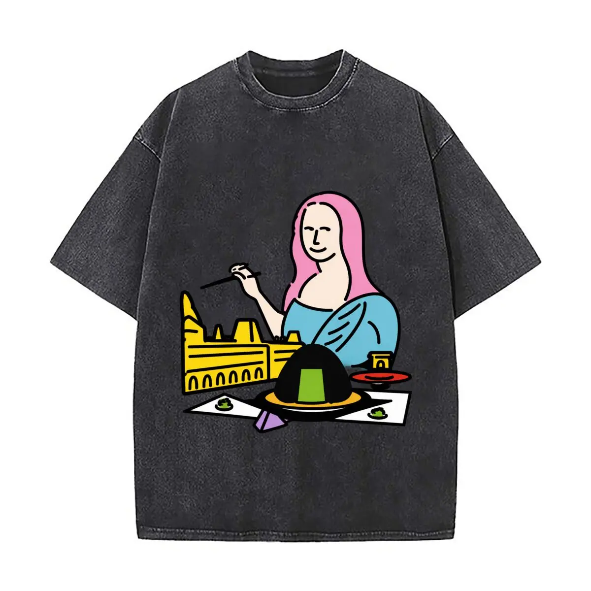 Mona Lisa Painting Colorful Art Illustration Vintage Distressed Loose Streetwear Tops