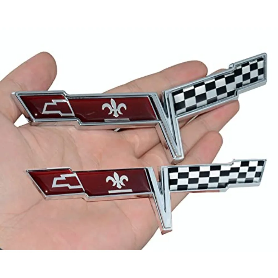 

Pair Set 1980 Corvette C3 Front Nose Emblem and Rear Deck Gas Lid 3D Door Deck Crossed Flags Badge Replacement for Corvette Chr