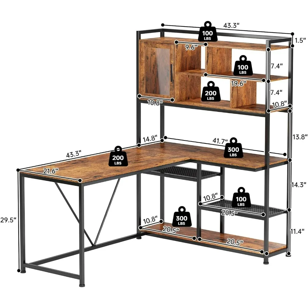 Shaped Computer Desk, 58'' Office Desk with LED Light and Bookshelf, L Shaped Corner Desk with Storage Shelves for Home Office