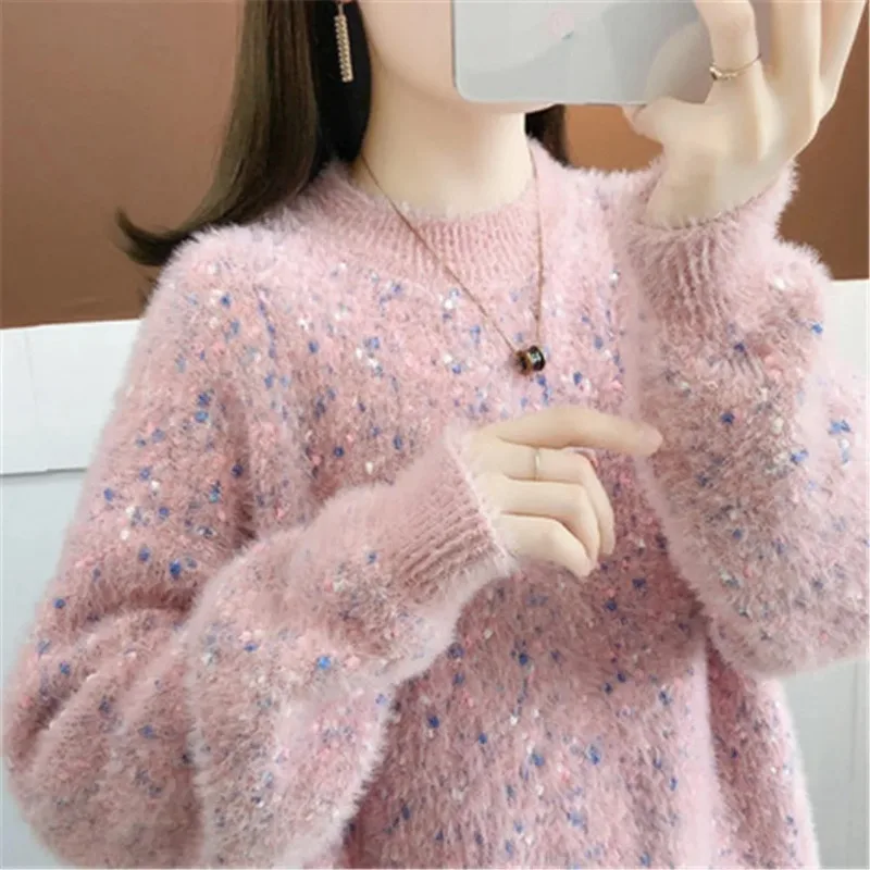 2024 New Korean Women\'s Pullover Female Autumn Winter Sweater Imitation Mink Velvet Long-sleeved Casual Bottoming Shirt Top