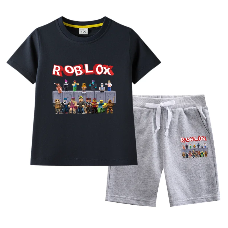 

Hot Sale Cute Game Roblox Clothing Short Sleeved Shorts T-shirt Set Children Homewear Suit Cotton Pajamas Summer Birthday Gifts