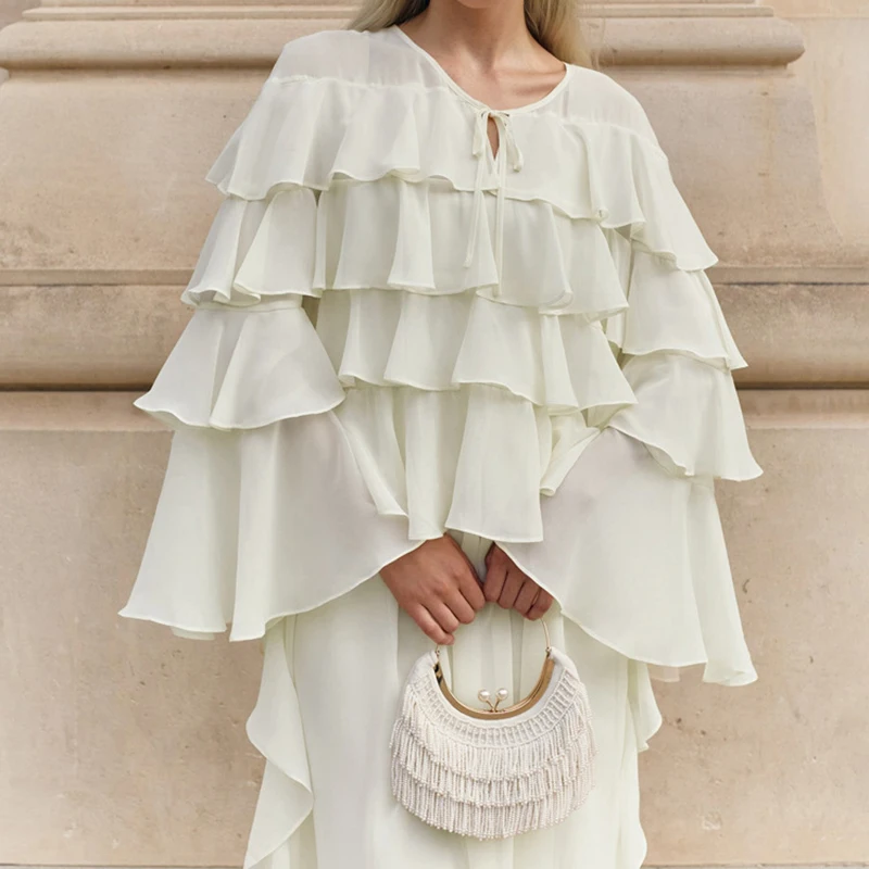 Tornova casual babados em camadas vestido longo feminino elegante solto rendas manga longa chiffon vestido de verão novo vestido feminino deslocamento