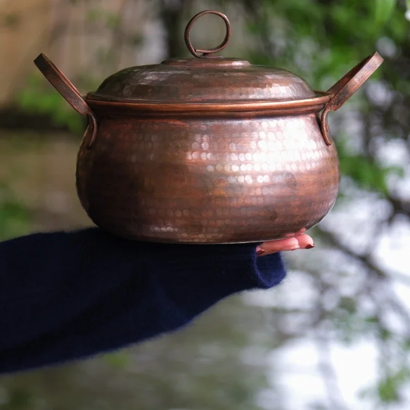 Handmade Red Copper Cooking Pots, Vintage Distressed Stockpot, Non-Stick Soup Cookware, High Quality for Household